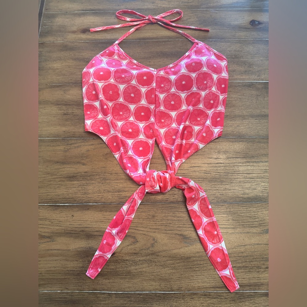 Kortni Jeanne Citrus patterned   Pink and White Asymmetrical Tie Front Tank S